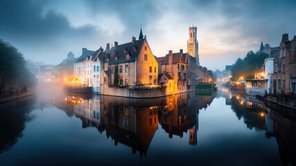 Obraz premium Misty canal city at dawn