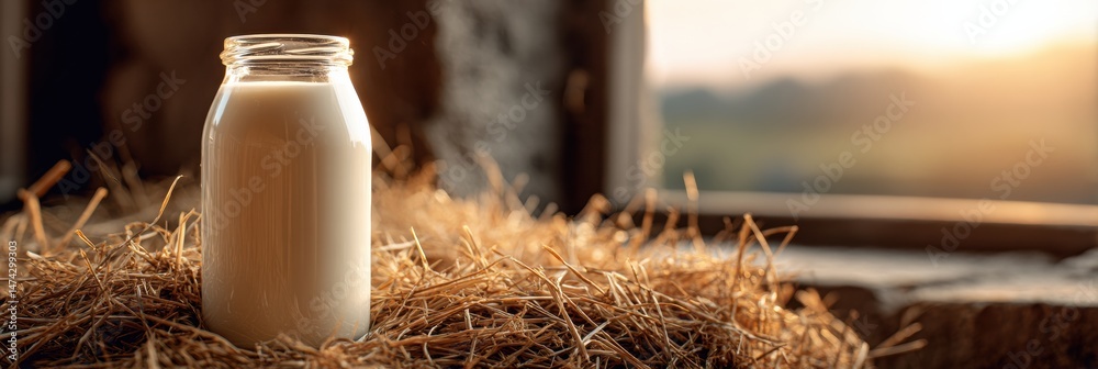 Poster goat milk bottle resting on straw with soft light fading in background at a countryside setting duri