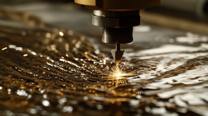 Waterjet cutting metal close up shot with sparks and water spray industrial manufacturing process precision engineering