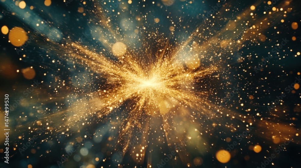 Wall mural golden light explosion abstract background with bokeh effect and sparkles bursting outward in a dark
