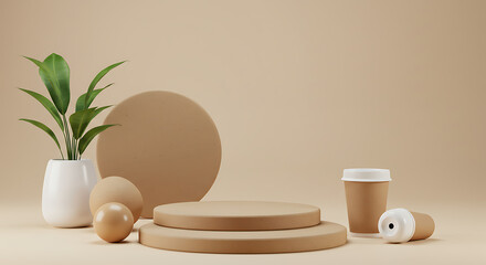 Abstract 3D render with stacked round podiums, coffee cups, plant, and decorative objects on a light beige background.