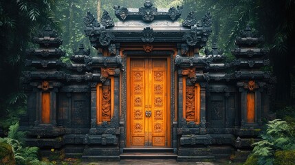 Fototapeta premium Explore the intricate design of a traditional Balinese temple entrance surrounded by lush greenery, capturing the spiritual essence of the region.