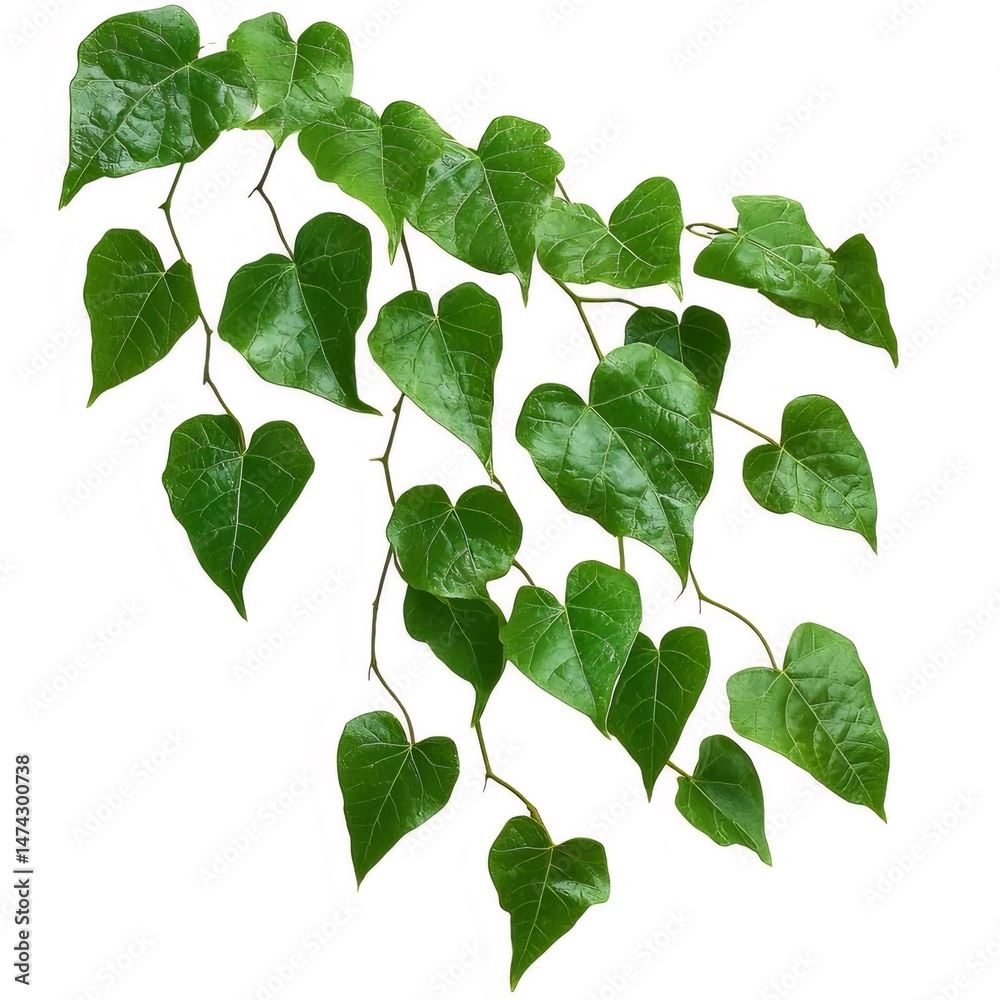 Poster 白背景の緑のハート型葉のつる植物の斜めのクローズアップイメージ
