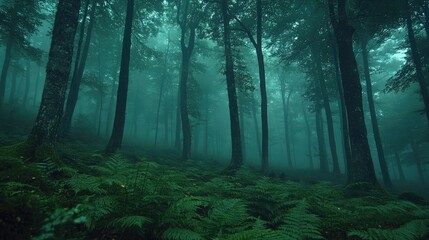 Obraz premium Mystical forest shrouded in mist with tall trees and lush ferns creating an enchanting, serene atmosphere.