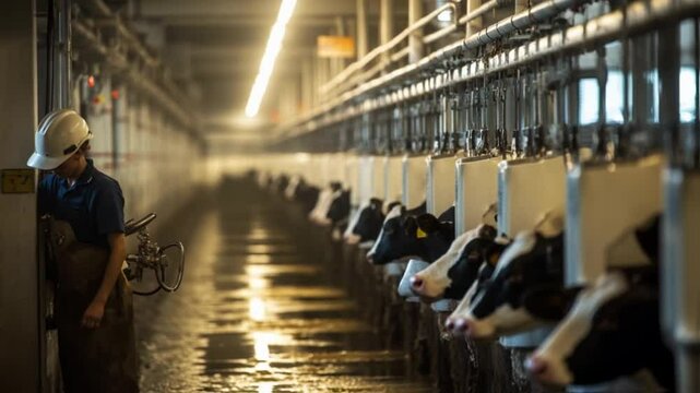 Modern dairy farm worker milks cows with automated milking system indoors