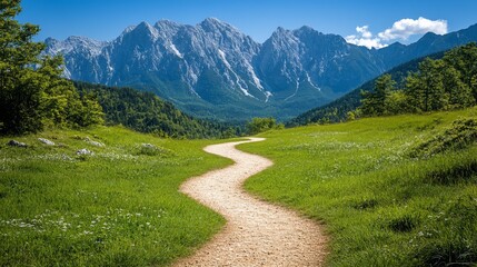 Serene mountain path winding through a verdant valley under a clear sky