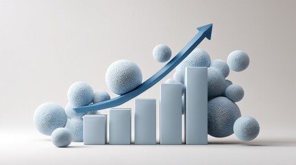 The artwork showcases an abstract bar chart with varying heights, accompanied by a blue upward arrow