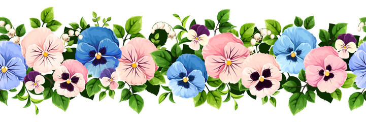 Floral seamless border with pink and blue pansy flowers and green leaves. Vector horizontal floral garland