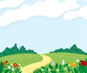 Obraz premium Summer cute landscape, outdoor recreation. Green fields, meadow flowers, blue sky, clouds. Countryside nature.