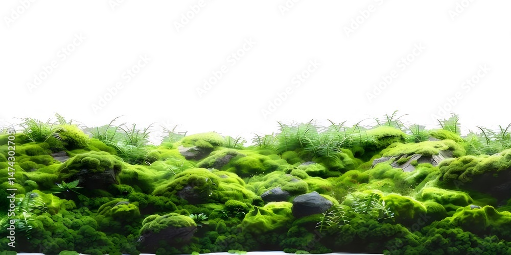Poster 白い背景に緑豊かな苔と草の生い茂る風景のクローズアップ テクスチャ 苔に覆われた岩が自然な緑のグラデーションを作り出すミニマルなデザイン