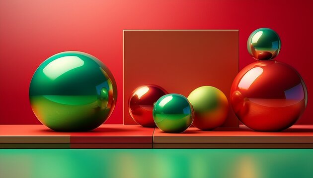 generative ai illustration of colorful geometric shapes of smooth and shiny spheres on stof square platforms against red and green background
