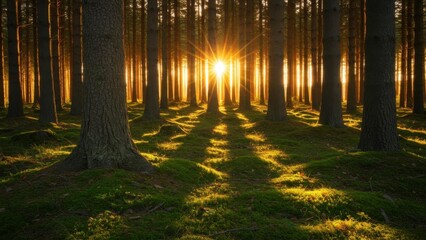 Fototapeta premium Sun shining through forest trees, woodland scene