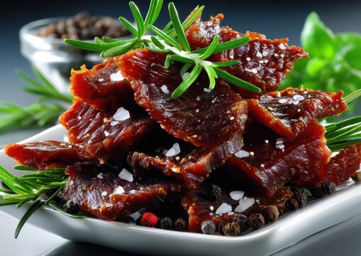 Savory Dried Beef Jerky Stacked on a White Plate Garnished with Fresh Rosemary and Spices Against a Soft Focus Background