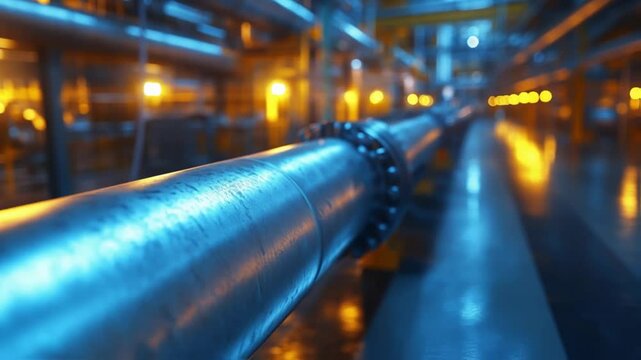 Industrial pipeline with bolted flanges in a manufacturing facility interior