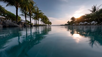 Obraz premium Serene pool reflects sunrise over tropical resort. Palm trees line the pool's edge, with tranquil water reflecting the sky