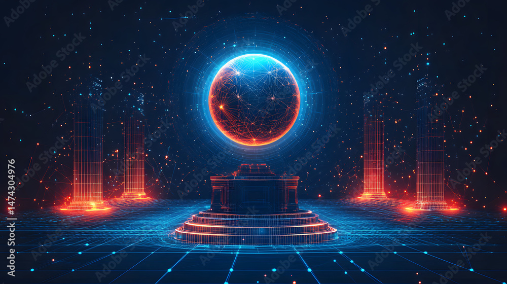 Poster Futuristic digital world featuring a glowing sphere transitioning from orange-red to blue. The platform is a marvel. Data points are connected in space. Abstract wireframe in dark blue