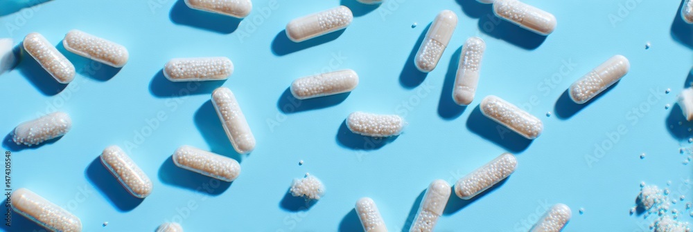 Poster pills scattered on light blue background showcasing clear upper side for medicinal use in health and