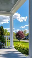 Naklejka premium Beautiful home front porch with green lawn in summer