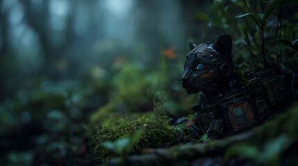 Mechanical feline guardian amidst verdant woodland vegetation mystery unfolds