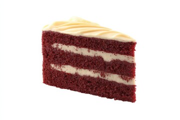 A slice of delicious red velvet cake with creamy frosting.