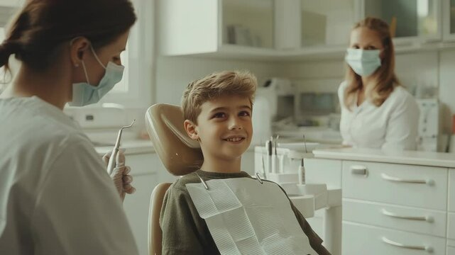 Smiling boy with bright white teeth sitting in a dental chair, happy after a successful checkup, symbolizing children's dental care, oral health, professional pediatric dentistry, and a positive clini
