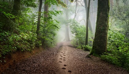 animal paw prints trail down a misty forest path beckoning adventurers to follow the mysterious journey hidden within the foliage
