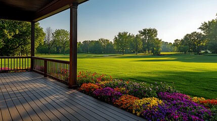 Beautiful home front porch with green lawn in summer