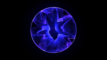 Futuristic 3d sphere of glowing neon light waves and particles. Purple and blue abstract energy. Science, future technology, and artificial intelligence. Sound waves and audio background. 
