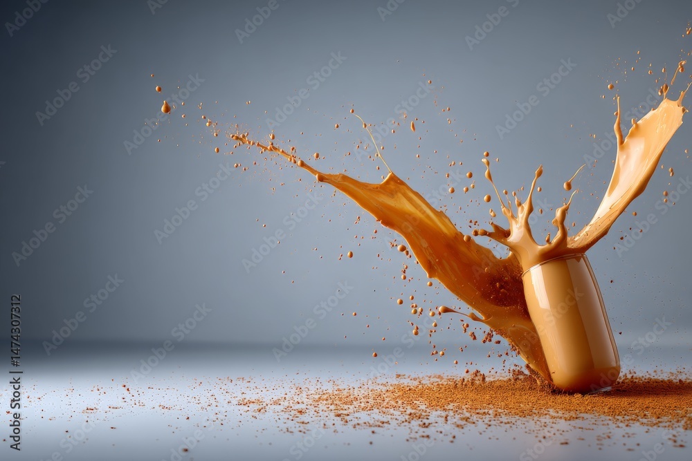 Poster Dynamic splash of caramel sauce from a jar creating an artistic display on a smooth surface