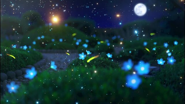 A moonlit garden path winds through blue-speckled grass under a starry sky&mdash;captured from a low angle to amplify the magical depth of this serene nightscape