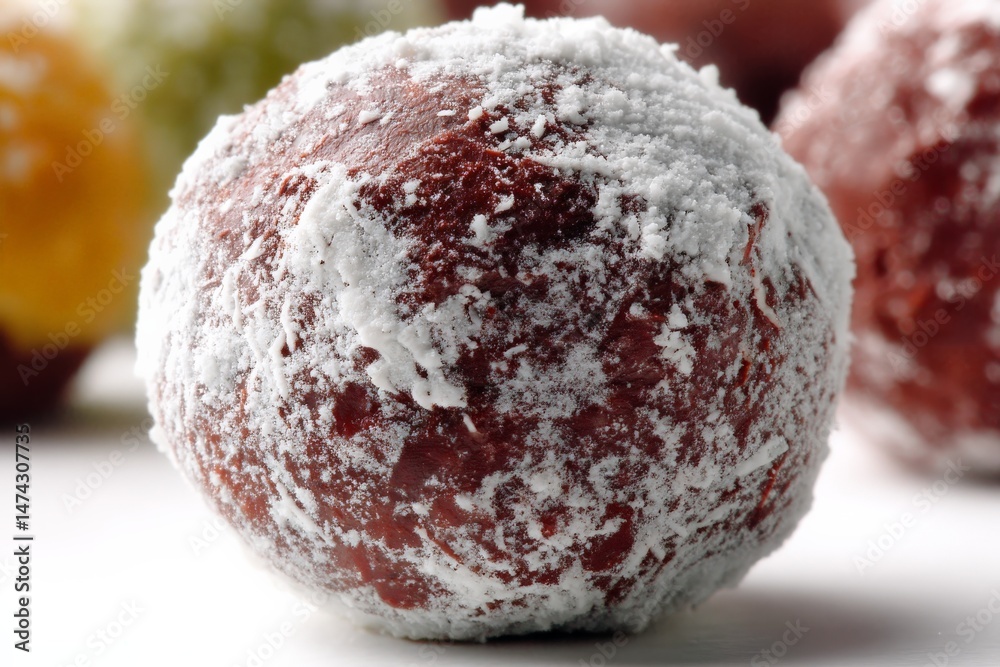 Poster round dessert covered in powdered sugar sits on a table alongside similar treats in a bright setting