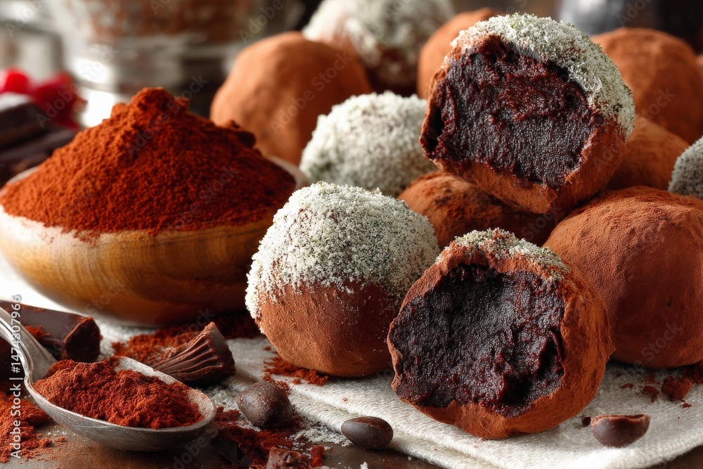 Poster delicious chocolate truffles coated in cocoa powder and coconut flakes on a rustic wooden table