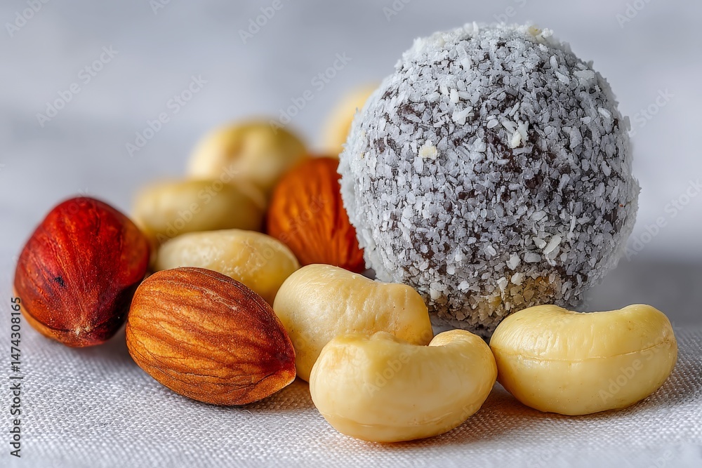 Poster delicious assortment of nuts surrounding a chocolate truffle on a textured surface