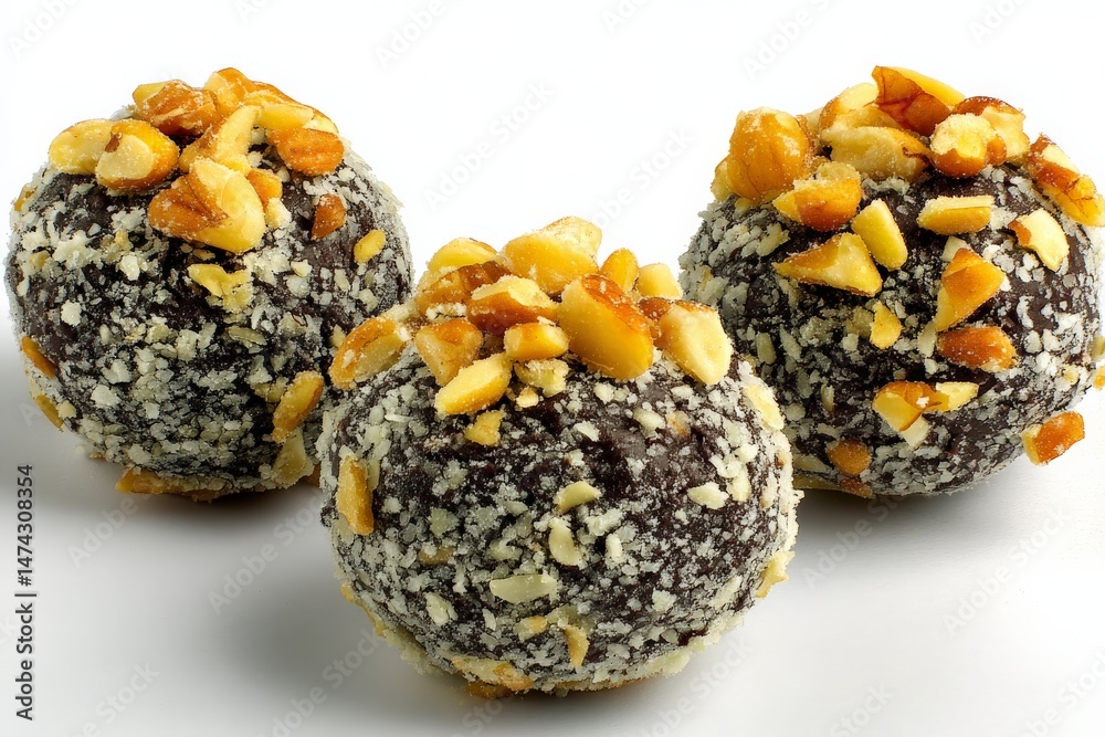 Poster decadent chocolate truffles topped with crushed nuts served on a white background