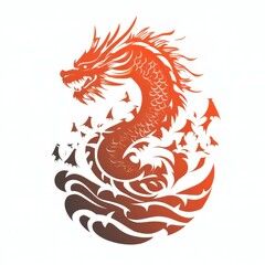 Intricate design of a dragon rising from waves with flowing forms and dynamic energy in a bold artistic style