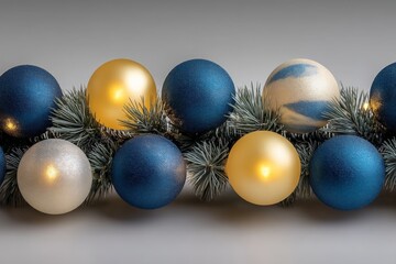 Festive garland adorned with blue and gold ornaments illuminated with soft lights for holiday celebrations