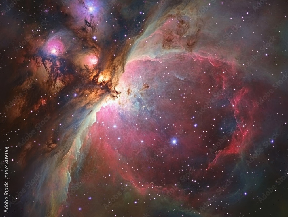 Wall mural majestic orion nebula shimmers with stellar light and cosmic dust clouds from deep space view astron