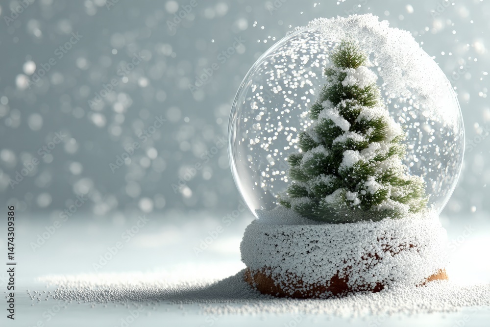 Poster snow globe showcasing a christmas tree surrounded by falling snowflakes in a festive winter setting