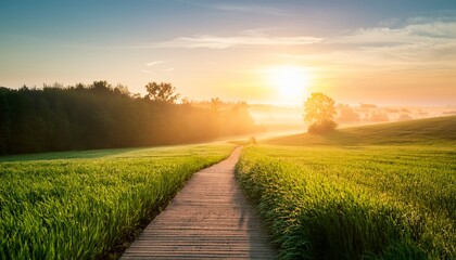 Obraz premium morning pathway through lush green fields at sunrise nature scene calm atmosphere