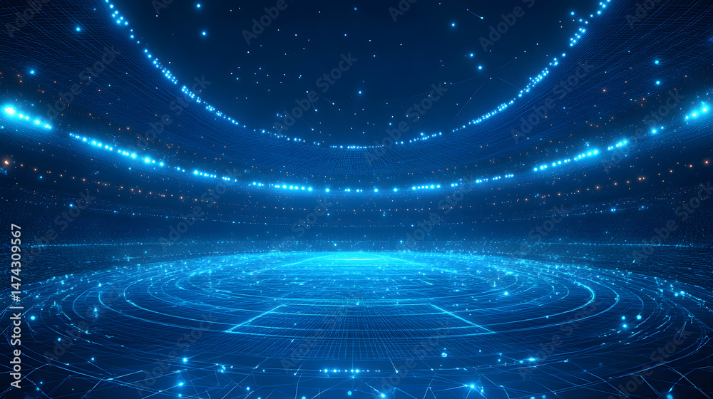 Poster futuristic stadium rendered digitally, bathed in radiant blue. glowing lines create a wireframe desi