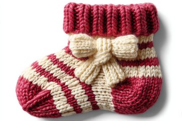 Cozy knitted baby bootie with red and white stripes and a decorative bow