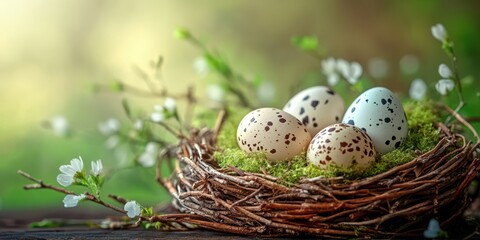 Obraz premium Four speckled eggs nestled in a natural nest surrounded by delicate flowers and greenery in springtime