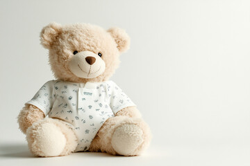 Obraz premium Cute teddy bear in pajamas, white background, product photography, studio shot