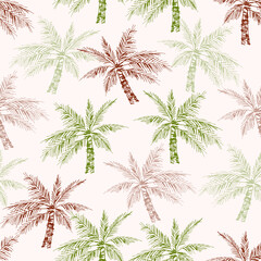 Tropical vector seamless pattern. Green, brown palm trees on light background. For fabric prints, textile products, Hawaiian shirt, beachwear.