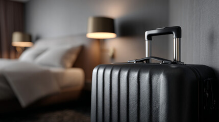 Fototapeta premium Suitcase on the hotel room. Business travel concept.