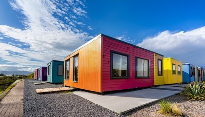 vibrant modular homes against a bright blue sky showcasing innovative architecture