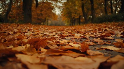 Autumn Park Landscape with Vibrant Red and Orange Foliage and Leaf-Covered Ground