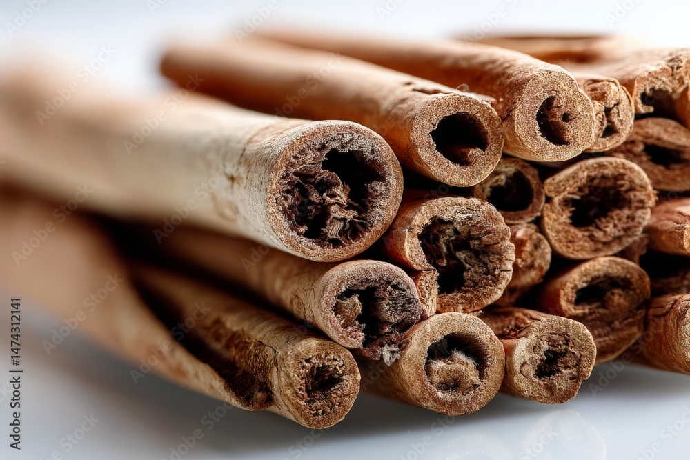Poster Cinnamon sticks arranged in a close-up view on a smooth surface highlighting their texture and rich color