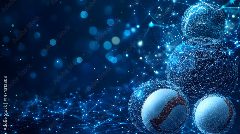 Fototapete futuristic technology concept with glowing blue network lines connecting spheres on a dark blue boke