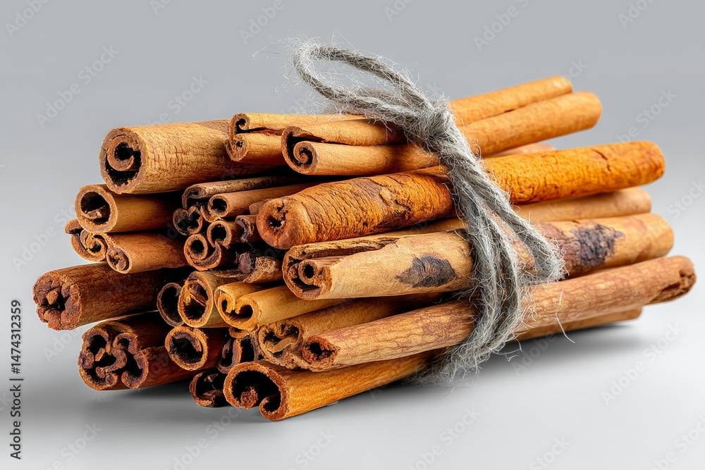 Poster cinnamon sticks bundled together with twine showcasing their natural texture and color on a neutral 